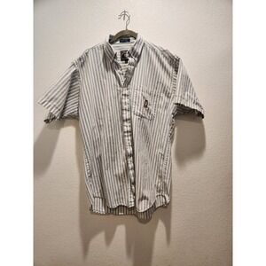 Chaps Ralph Lauren Men Large Blue White Striped Short Sleeve Crest Shirt Vintage